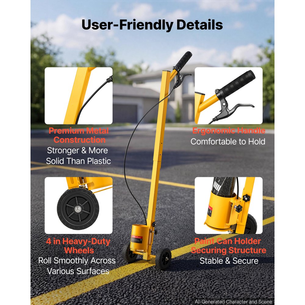 VEVOR Striping Line Painting Wand Industrial Two-Wheel Marking Paint Wand, For Ground Marking, Parking Lot and Field, Lightweight and Easy to Push, Compatible with Inverted Striping Paint, Yellow