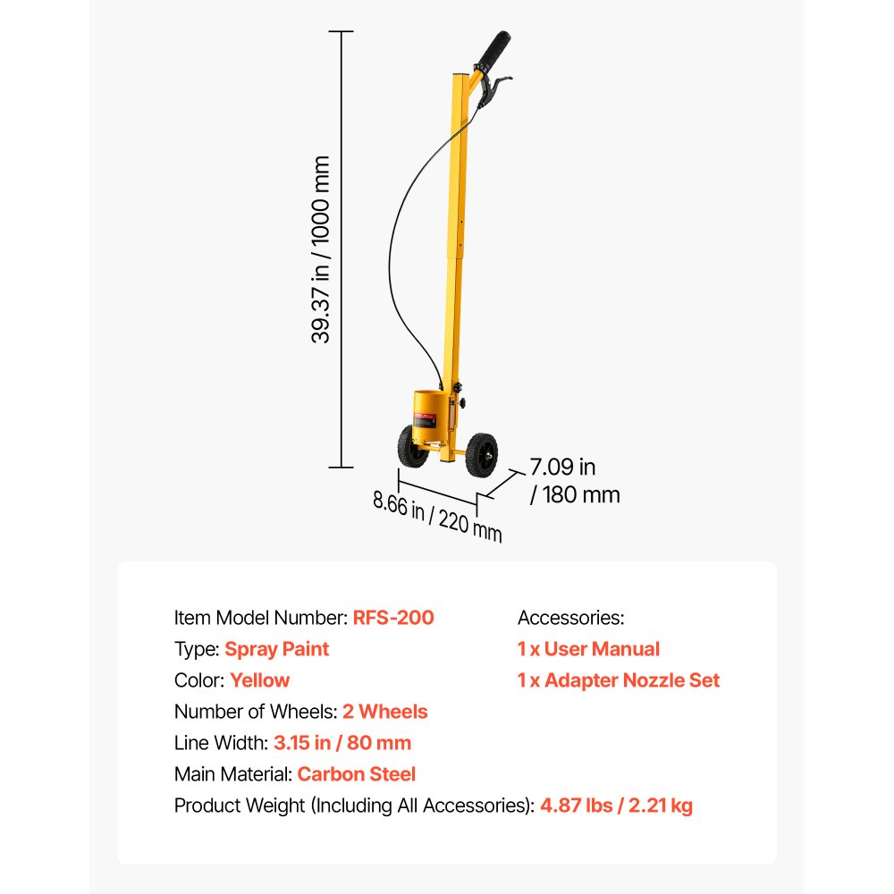 VEVOR Striping Line Painting Wand Industrial Two-Wheel Marking Paint Wand, For Ground Marking, Parking Lot and Field, Lightweight and Easy to Push, Compatible with Inverted Striping Paint, Yellow