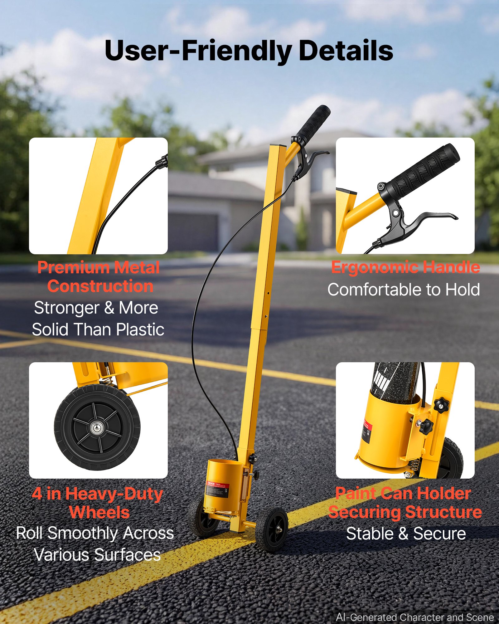 VEVOR Striping Line Painting Wand Industrial Two-Wheel Marking Paint Wand, For Ground Marking, Parking Lot and Field, Lightweight and Easy to Push, Compatible with Inverted Striping Paint, Yellow