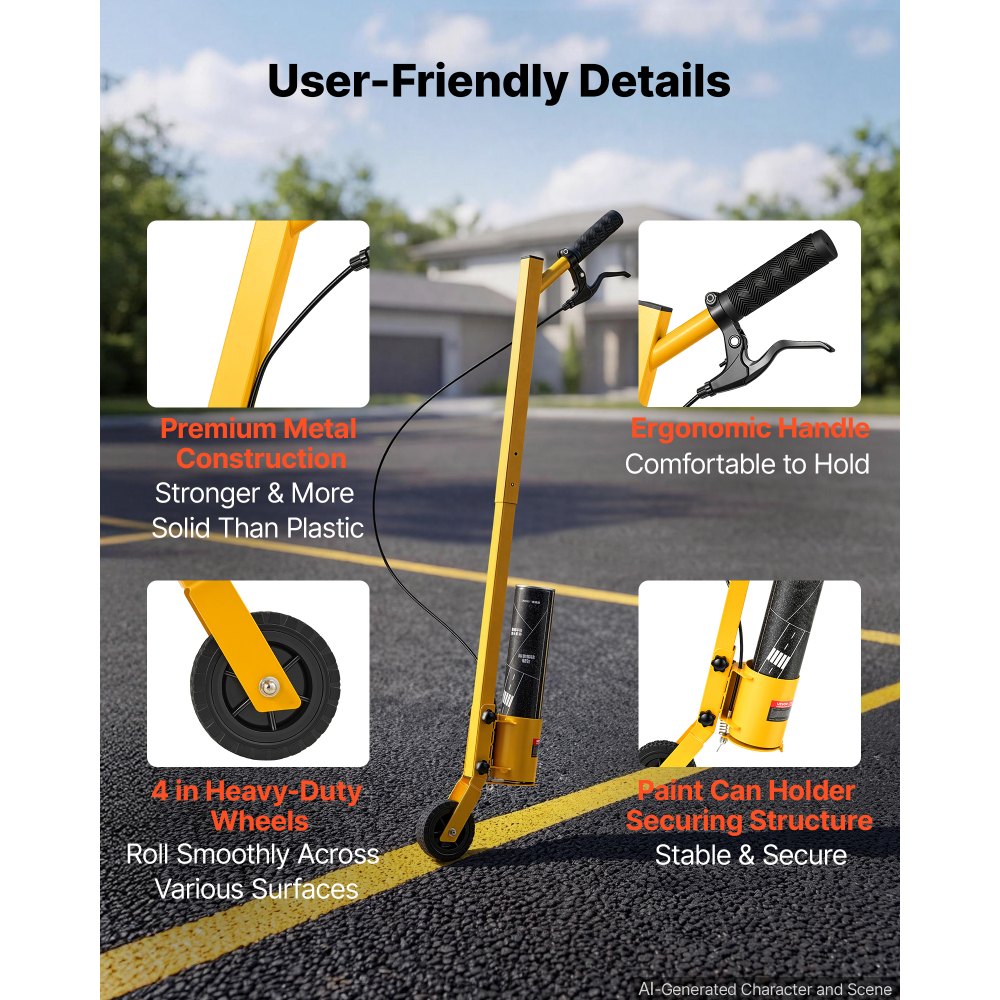 VEVOR Striping Line Painting Wand Heavy-Duty Wheel Marking Paint Wand, For Ground Marking, Parking Lot and Field, Lightweight and Easy to Push, Compatible with Inverted Striping Paint, Yellow