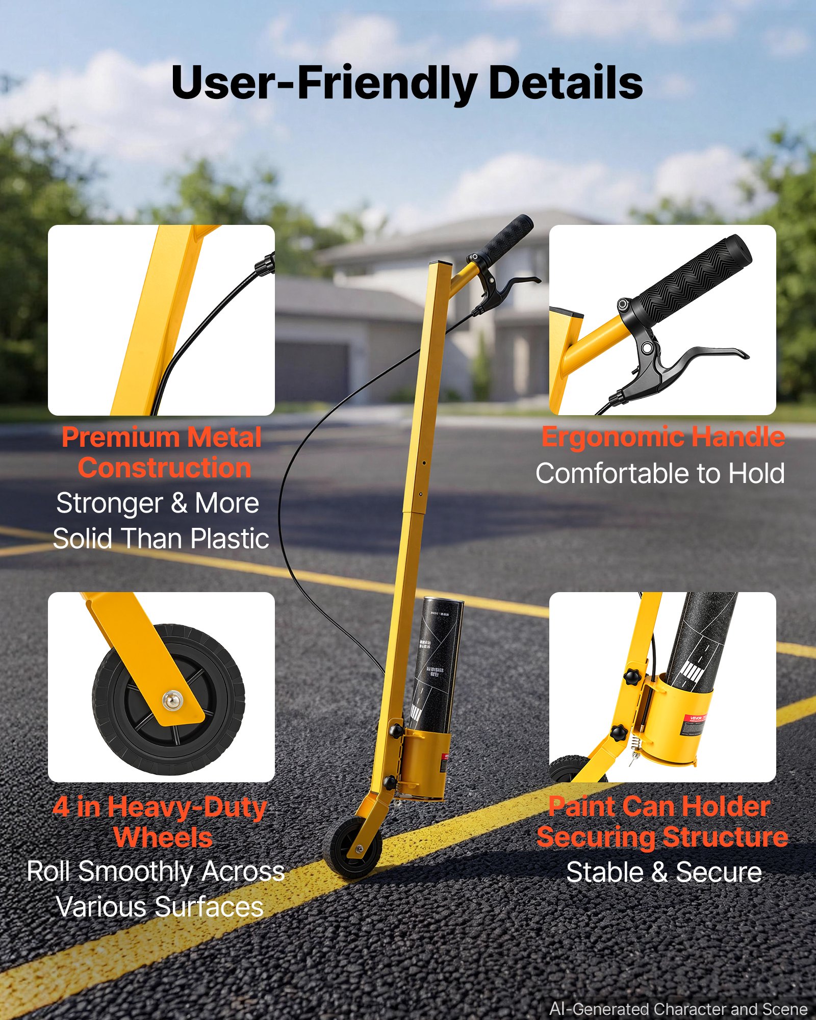 VEVOR Striping Line Painting Wand Heavy-Duty Wheel Marking Paint Wand, For Ground Marking, Parking Lot and Field, Lightweight and Easy to Push, Compatible with Inverted Striping Paint, Yellow