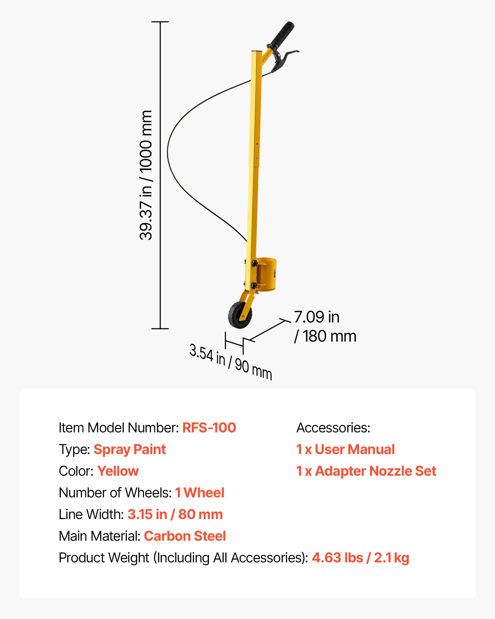 VEVOR Striping Line Painting Wand Heavy-Duty Wheel Marking Paint Wand, For Ground Marking, Parking Lot and Field, Lightweight and Easy to Push, Compatible with Inverted Striping Paint, Yellow