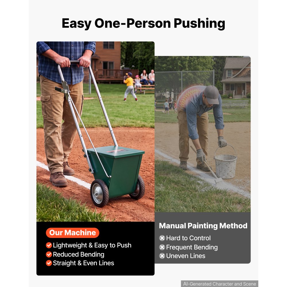 VEVOR Steel Dry Line Marker 11.3kg Powder Capacity Field Dry Line Chalker, For Small Fields, 50-100 mm Adjustable Line Width, with 2 Heavy-Duty Wheels, Clear and Even Marking, Easy One-Person Pushing