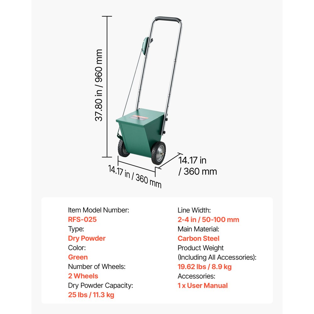 VEVOR Steel Dry Line Marker 11.3kg Powder Capacity Field Dry Line Chalker, For Small Fields, 50-100 mm Adjustable Line Width, with 2 Heavy-Duty Wheels, Clear and Even Marking, Easy One-Person Pushing