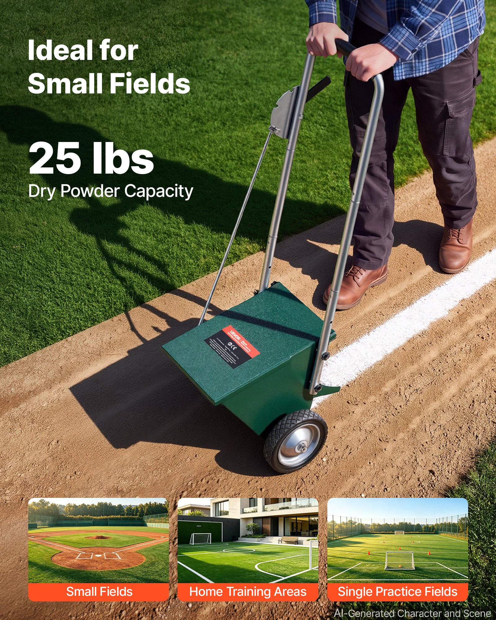 VEVOR Steel Dry Line Marker 11.3kg Powder Capacity Field Dry Line Chalker, For Small Fields, 50-100 mm Adjustable Line Width, with 2 Heavy-Duty Wheels, Clear and Even Marking, Easy One-Person Pushing