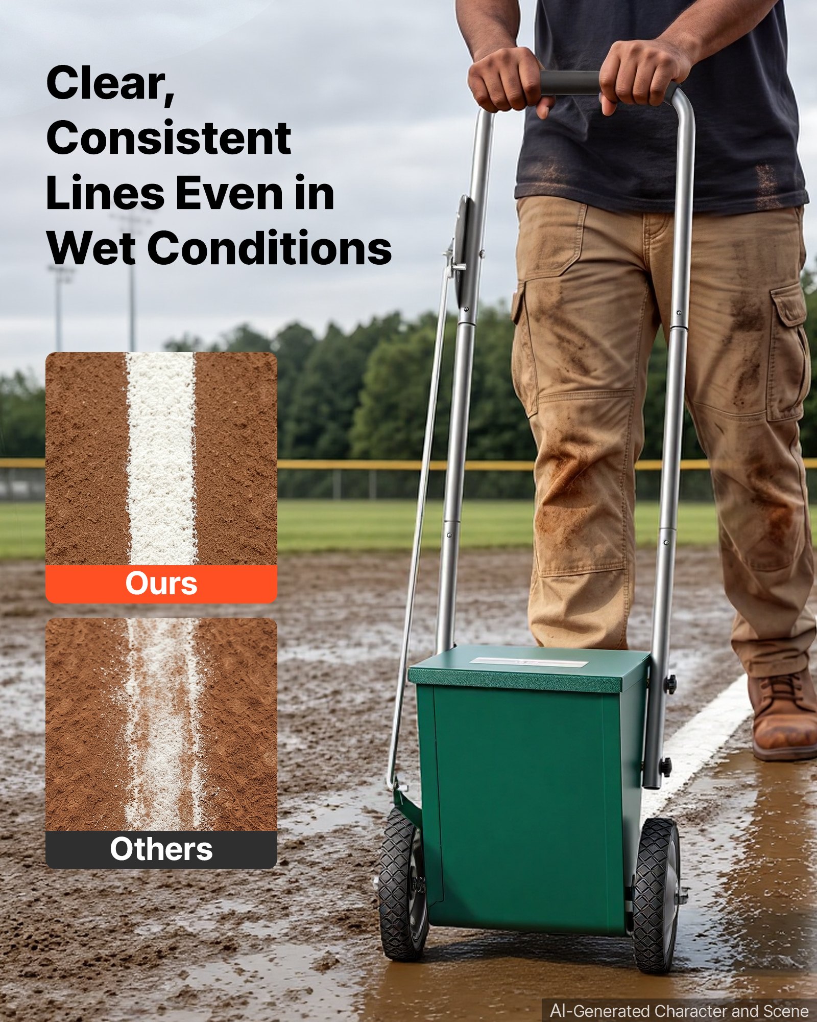 VEVOR Steel Dry Line Marker 11.3kg Powder Capacity Field Dry Line Chalker, For Small Fields, 50-100 mm Adjustable Line Width, with 2 Heavy-Duty Wheels, Clear and Even Marking, Easy One-Person Pushing