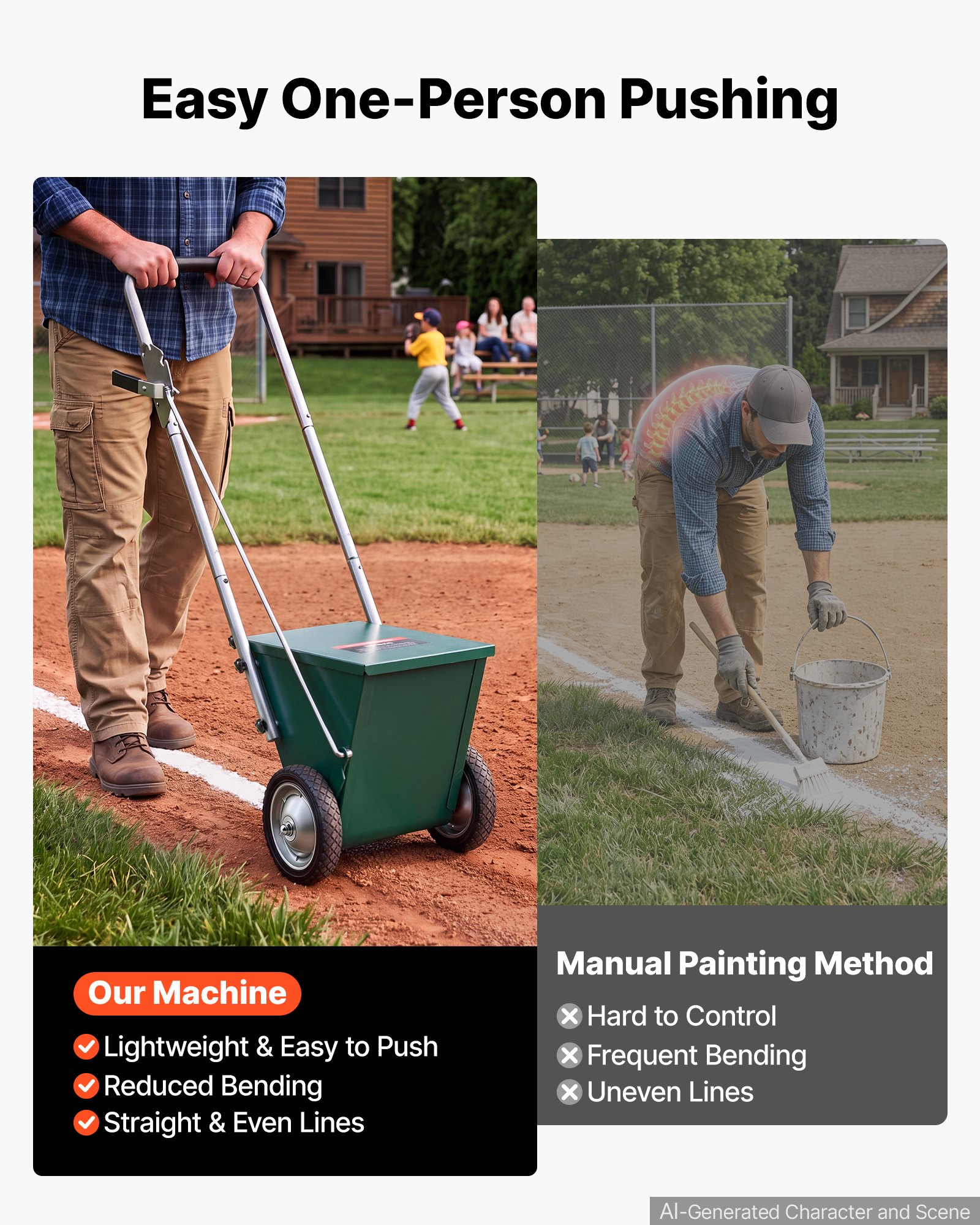 VEVOR Steel Dry Line Marker 11.3kg Powder Capacity Field Dry Line Chalker, For Small Fields, 50-100 mm Adjustable Line Width, with 2 Heavy-Duty Wheels, Clear and Even Marking, Easy One-Person Pushing