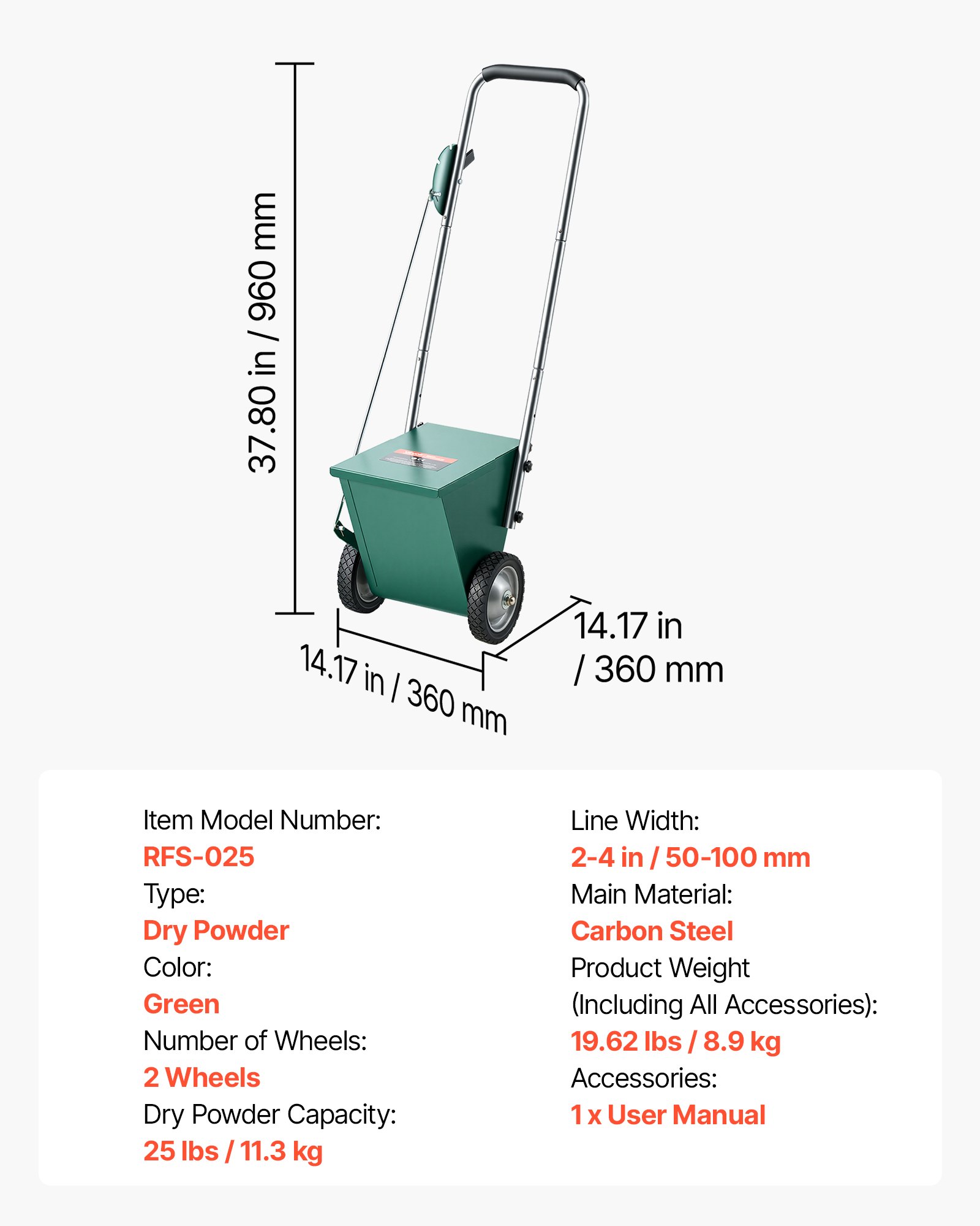 VEVOR Steel Dry Line Marker 11.3kg Powder Capacity Field Dry Line Chalker, For Small Fields, 50-100 mm Adjustable Line Width, with 2 Heavy-Duty Wheels, Clear and Even Marking, Easy One-Person Pushing