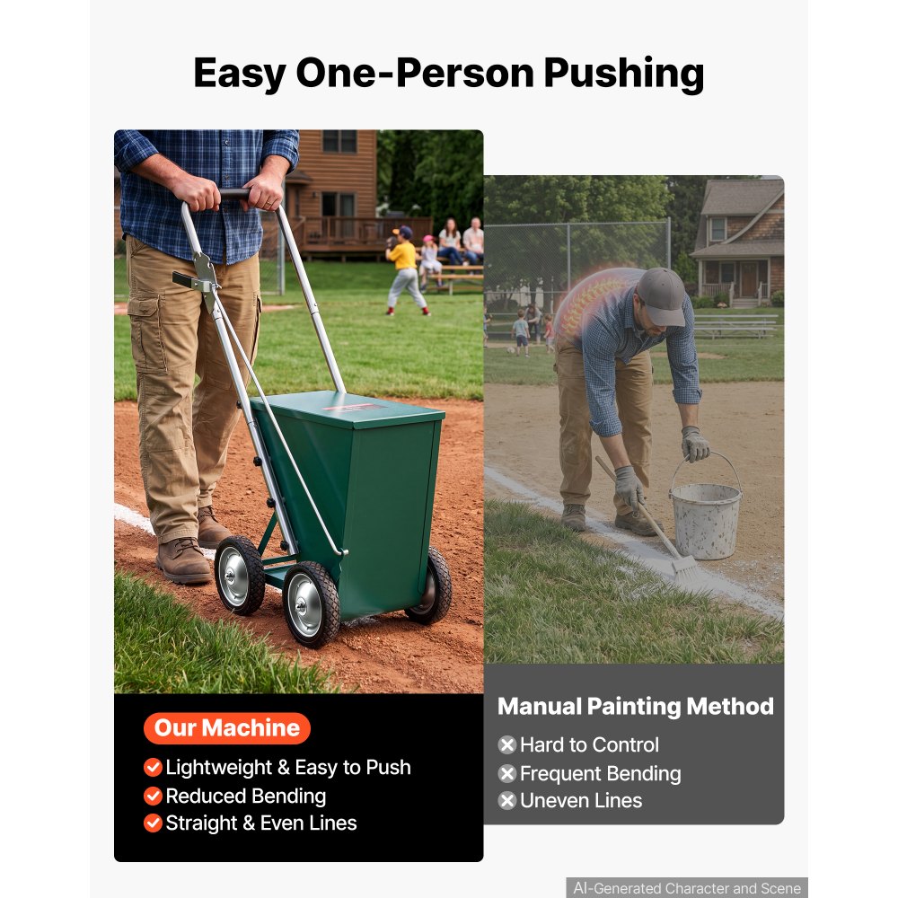 VEVOR Steel Dry Line Marker 22.7kg Powder Capacity Field Dry Line Chalker, For Standard Fields, 50-100 mm Adjustable Line Width, with 4 Heavy-Duty Wheels, Clear Even Marking, Easy One-Person Pushing