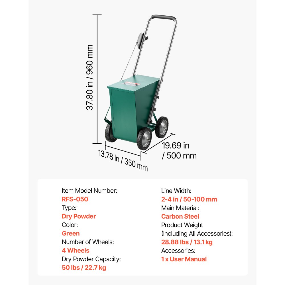 VEVOR Steel Dry Line Marker 22.7kg Powder Capacity Field Dry Line Chalker, For Standard Fields, 50-100 mm Adjustable Line Width, with 4 Heavy-Duty Wheels, Clear Even Marking, Easy One-Person Pushing