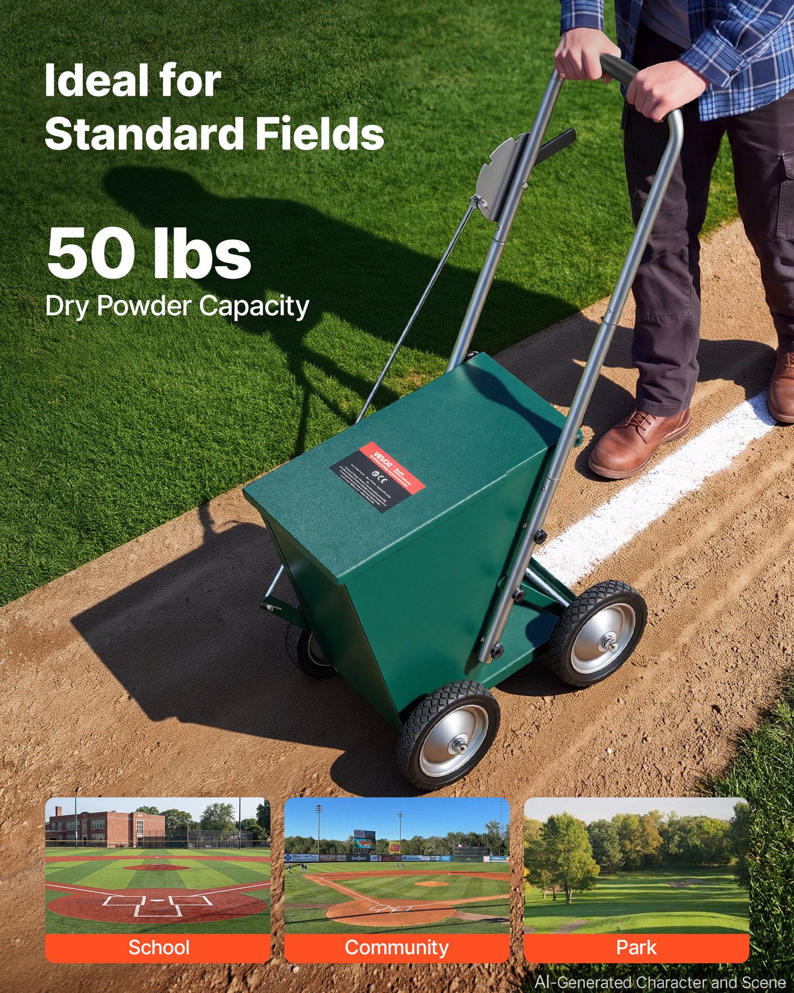 VEVOR Steel Dry Line Marker 22.7kg Powder Capacity Field Dry Line Chalker, For Standard Fields, 50-100 mm Adjustable Line Width, with 4 Heavy-Duty Wheels, Clear Even Marking, Easy One-Person Pushing