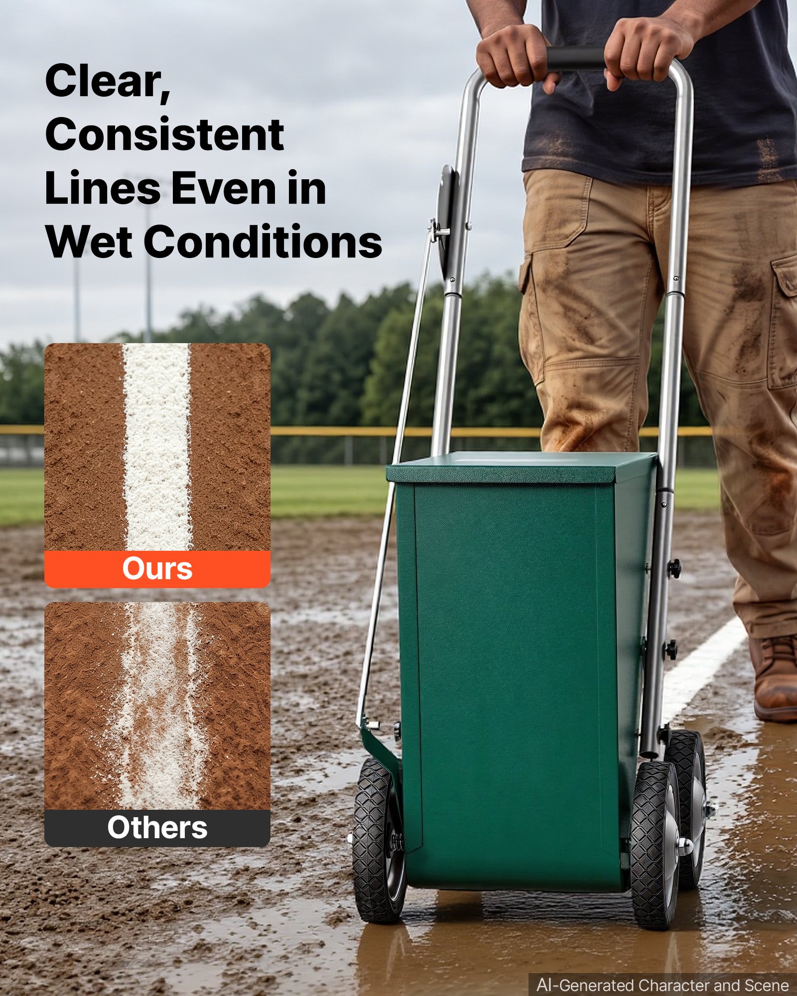 VEVOR Steel Dry Line Marker 22.7kg Powder Capacity Field Dry Line Chalker, For Standard Fields, 50-100 mm Adjustable Line Width, with 4 Heavy-Duty Wheels, Clear Even Marking, Easy One-Person Pushing
