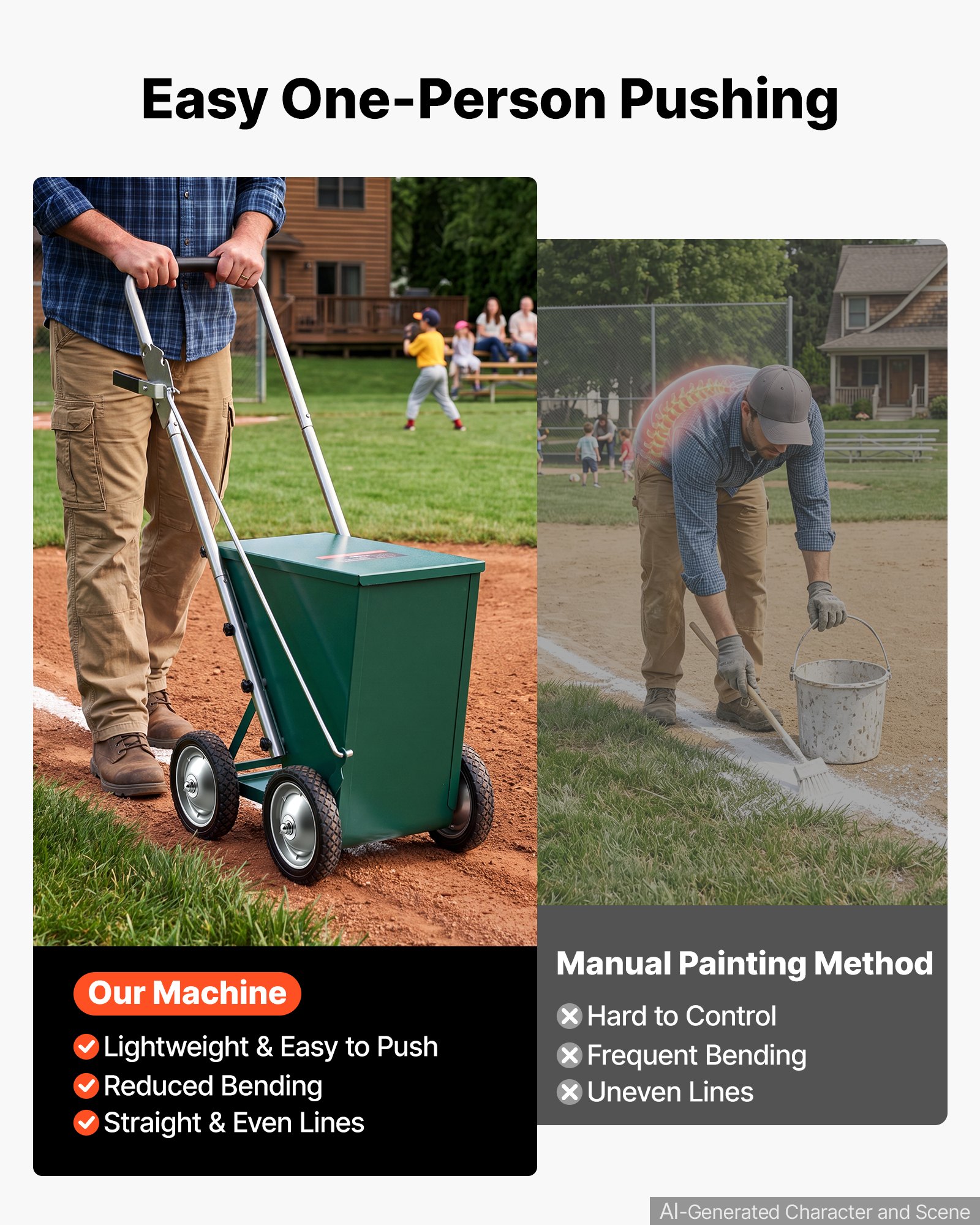 VEVOR Steel Dry Line Marker 22.7kg Powder Capacity Field Dry Line Chalker, For Standard Fields, 50-100 mm Adjustable Line Width, with 4 Heavy-Duty Wheels, Clear Even Marking, Easy One-Person Pushing
