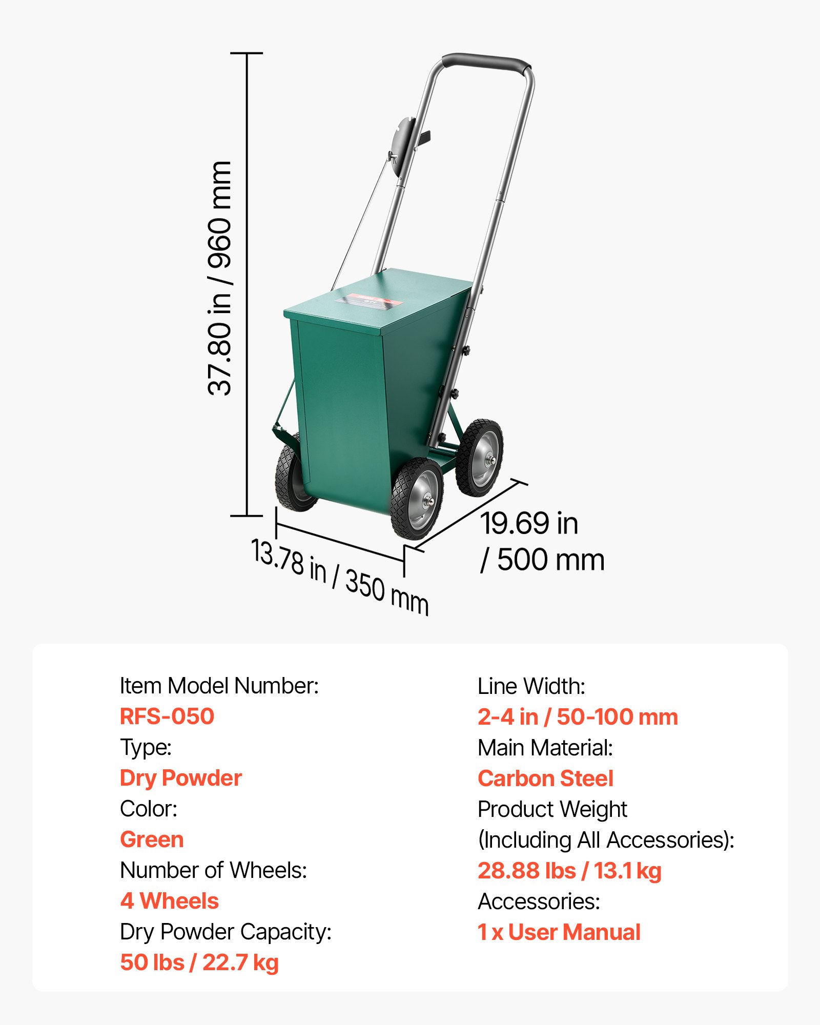 VEVOR Steel Dry Line Marker 22.7kg Powder Capacity Field Dry Line Chalker, For Standard Fields, 50-100 mm Adjustable Line Width, with 4 Heavy-Duty Wheels, Clear Even Marking, Easy One-Person Pushing