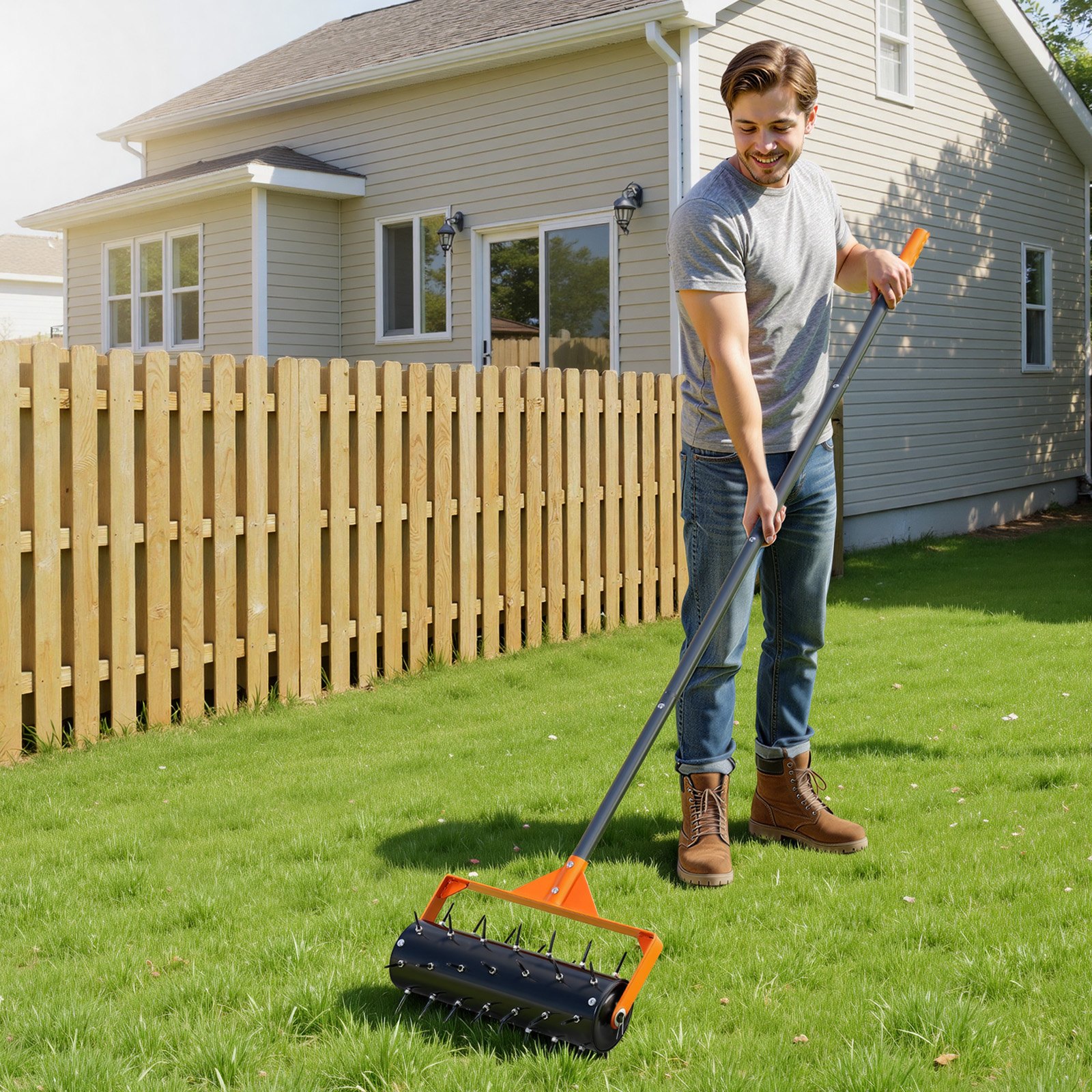 VEVOR Rolling Lawn Aerator, 15 in Manual Push Aerator Roller with 42 Spikes & 60 in Long Handle, Fillable Drum for Added Weight, Heavy-Duty Lawn Soil Penetrator for Garden Yard Compacted Soils