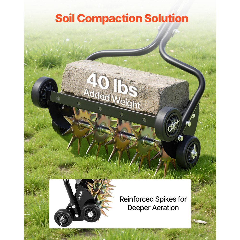 VEVOR Lawn Aerator, 18 in Manual Push Spike Aerator with 4 Wheels & Handle, Heavy Duty Grass Aerators, Supports 40 lbs Added Weight, Rolling Lawn Aeration Tool for Garden Yard Aeration Soil Health