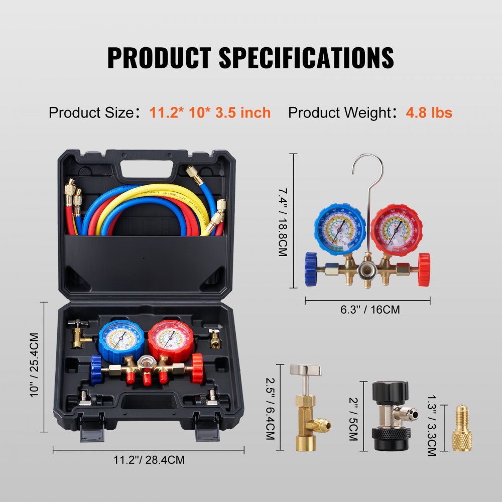 VEVOR ac gauge set with hoses in a black case, showing size and weight specs.