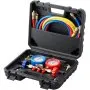 VEVOR ac gauge set in black plastic case with red and blue gauges, multicolored hoses, and brass fittings.