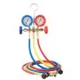 VEVOR ac gauge set with blue, red, and yellow hoses, featuring dual pressure gauges and brass fittings.