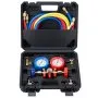 VEVOR ac gauge set with blue, red, yellow hoses and dual pressure gauges in a black carrying case.