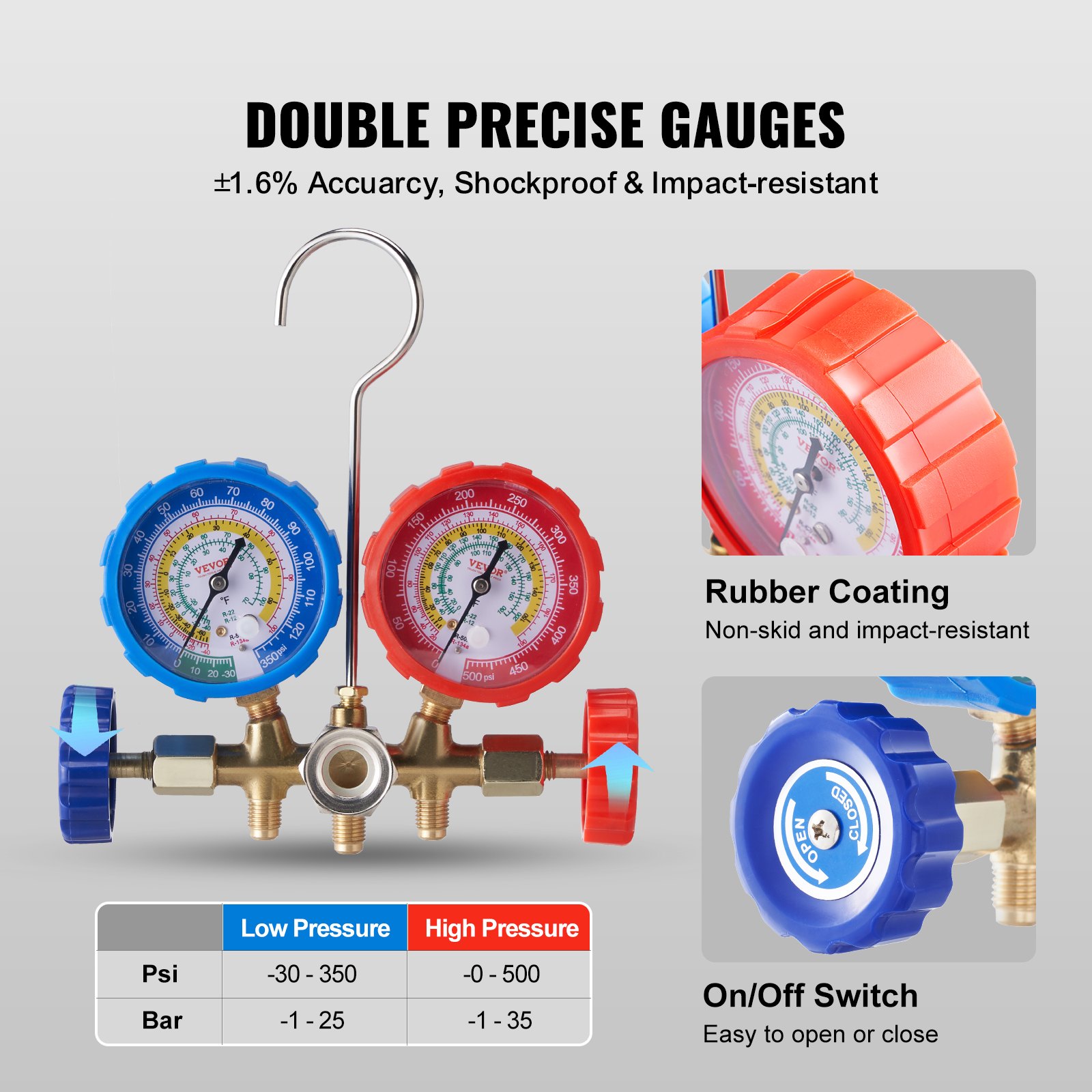 VEVOR ac gauge set with double precise gauges, rubber coating, and easy on/off switch.