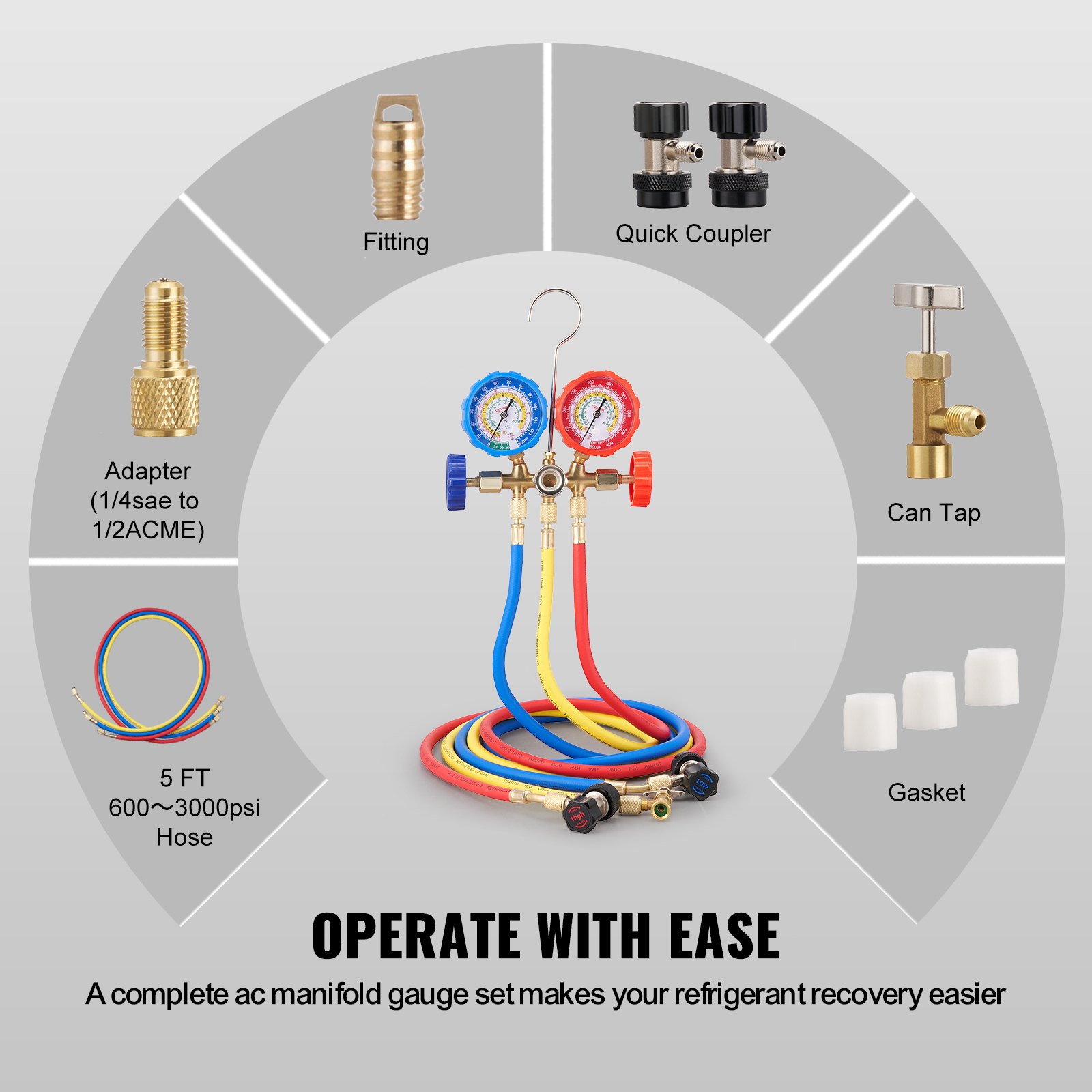 VEVOR ac gauge set with hoses, adapters, quick coupler, can tap, fittings, and gasket.