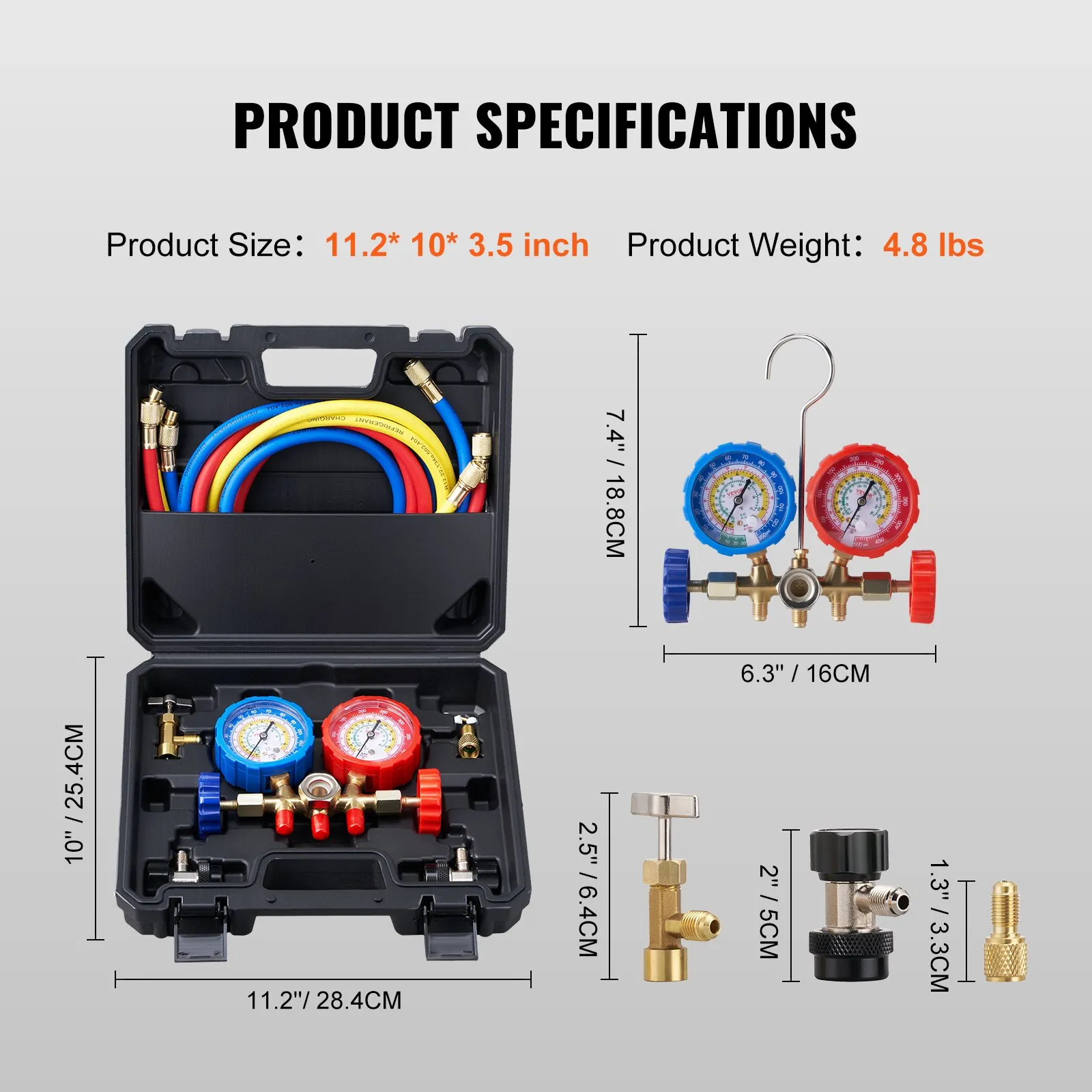 VEVOR ac gauge set with hoses in a black case, showing size and weight specs.