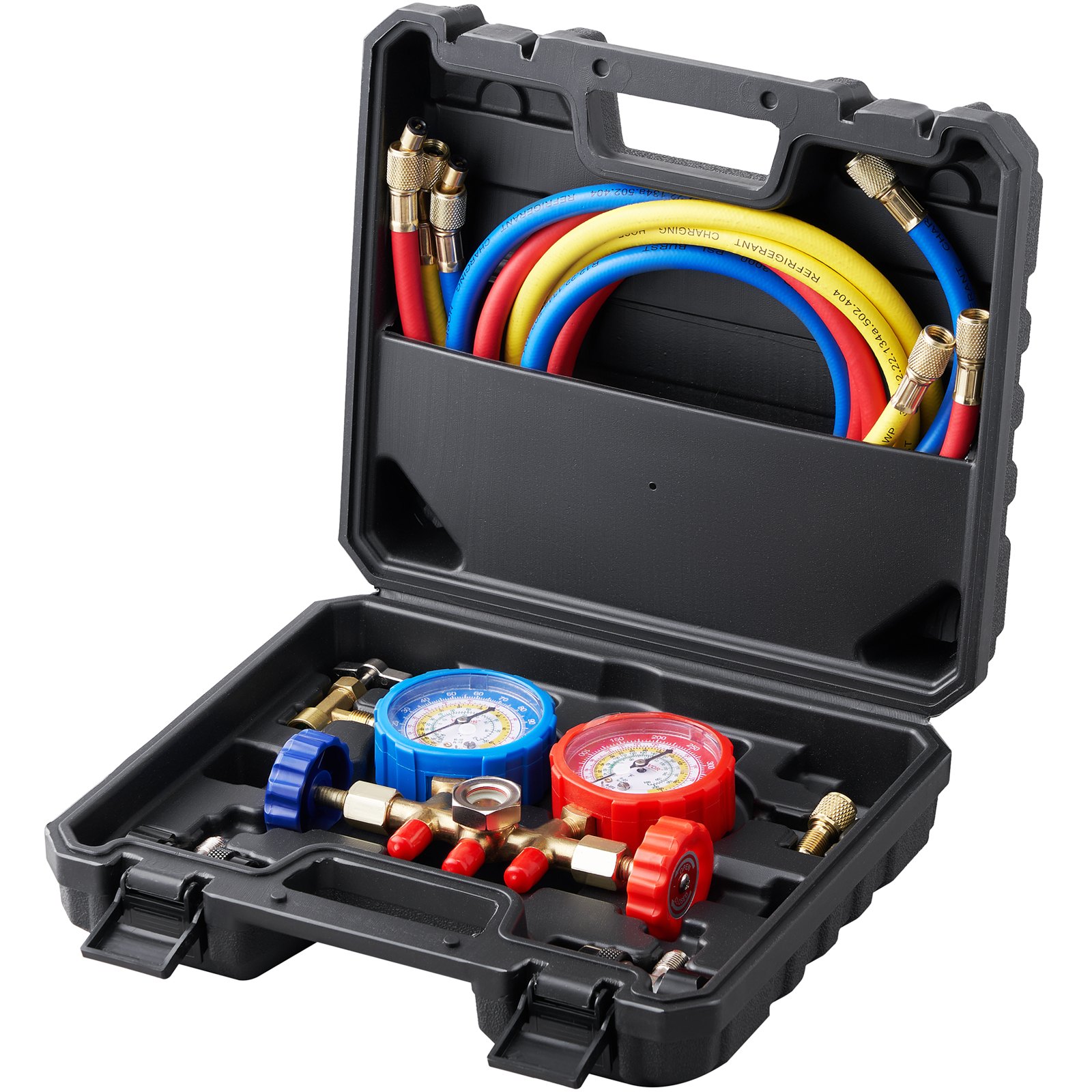 VEVOR ac gauge set in black plastic case with red and blue gauges, multicolored hoses, and brass fittings.