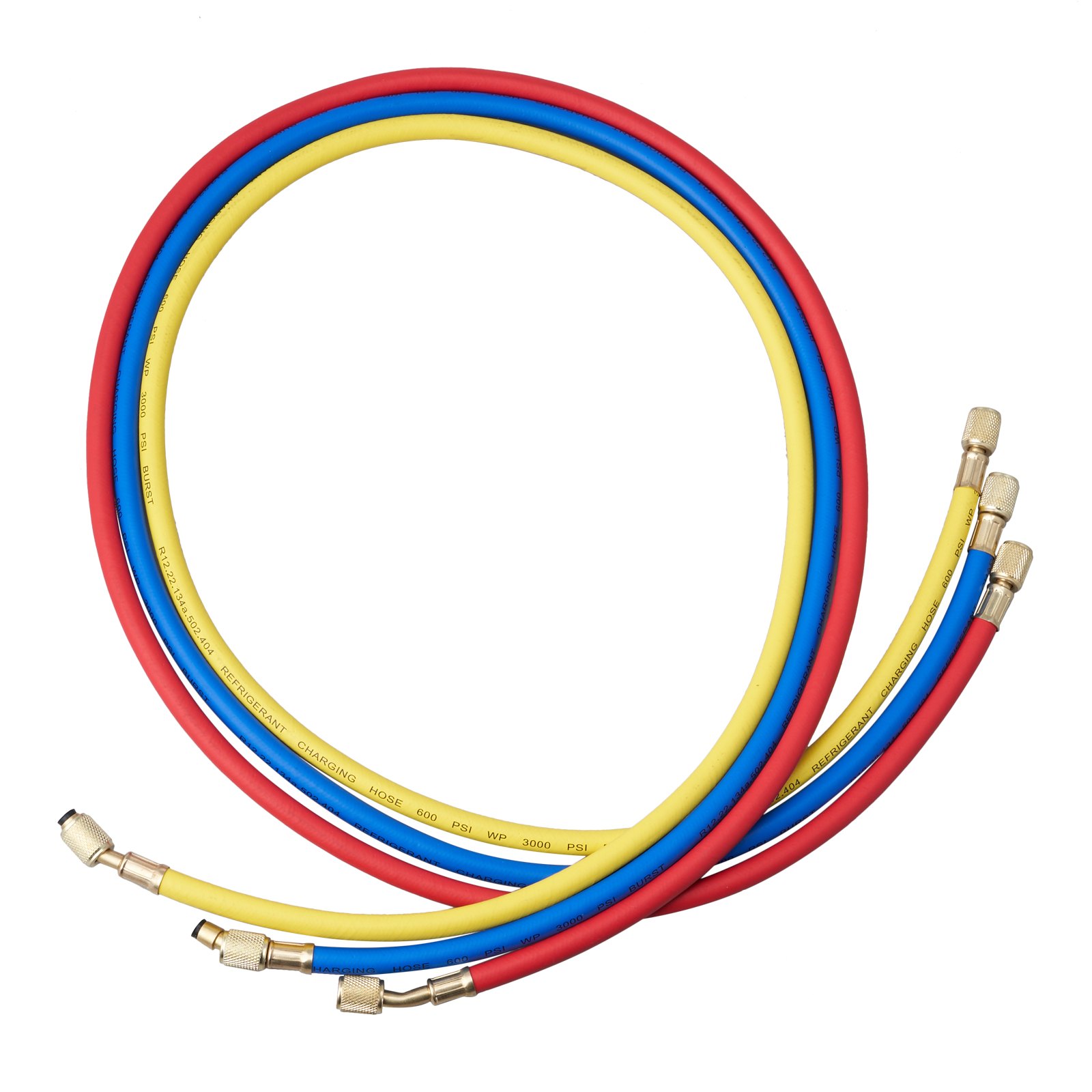 ac gauge set with red, yellow, and blue hoses. focus keyword: VEVOR ac gauge set.