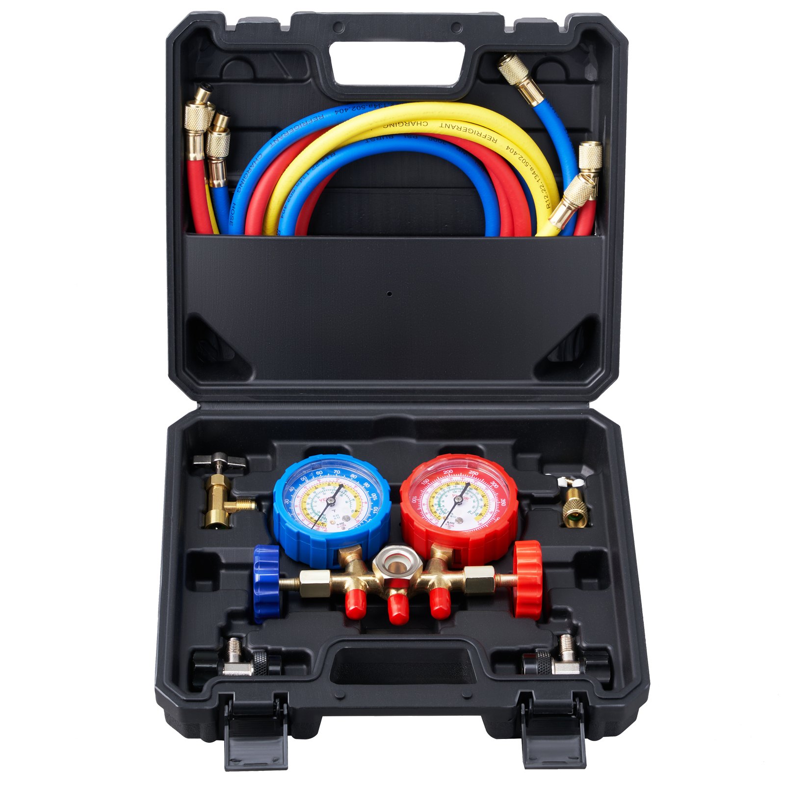 VEVOR ac gauge set with blue, red, yellow hoses and dual pressure gauges in a black carrying case.