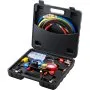 VEVOR ac manifold gauge set in a black carrying case with multicolored hoses and manifold gauges.