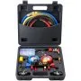 VEVOR ac manifold gauge set in black carrying case with colorful hoses and various tools.
