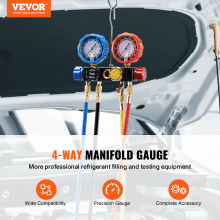 VEVOR 4 Way AC Gauge - AC Manifold Gauge Set for R134A R22 R12 R410A Refrigerant, Freon Gauges with 5ft Hoses, Couplers, Can Tap Works on Car Auto Freon Charging and Evacuation