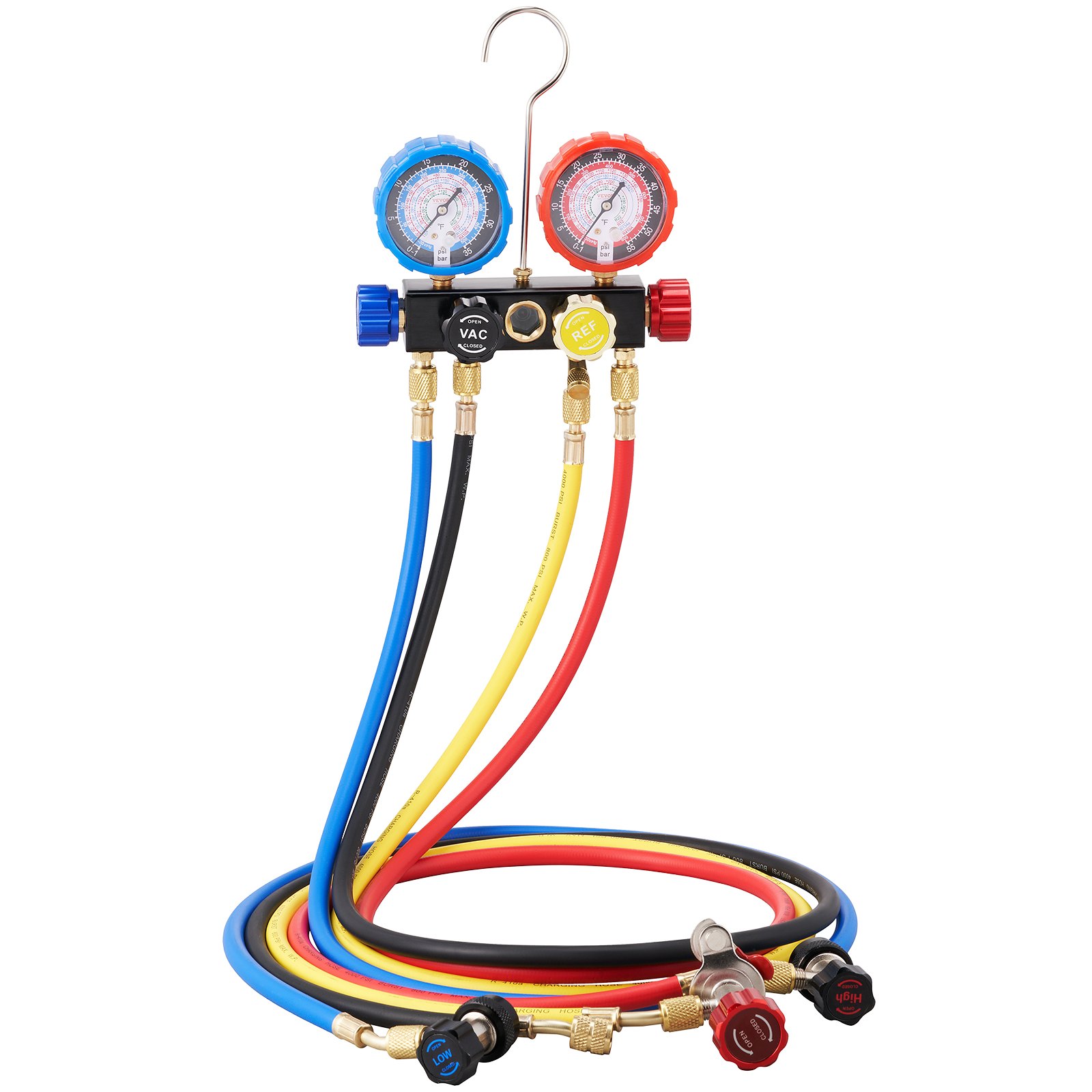 VEVOR ac manifold gauge set with blue, red, yellow hoses, dual gauges, and brass connectors.