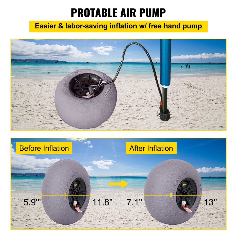 VEVOR Beach Balloon Wheels, 13\" Replacement Sand Tires, TPU Cart Tires for Kayak Dolly, Canoe Cart and Buggy with Free Air Pump, 2-Pack
