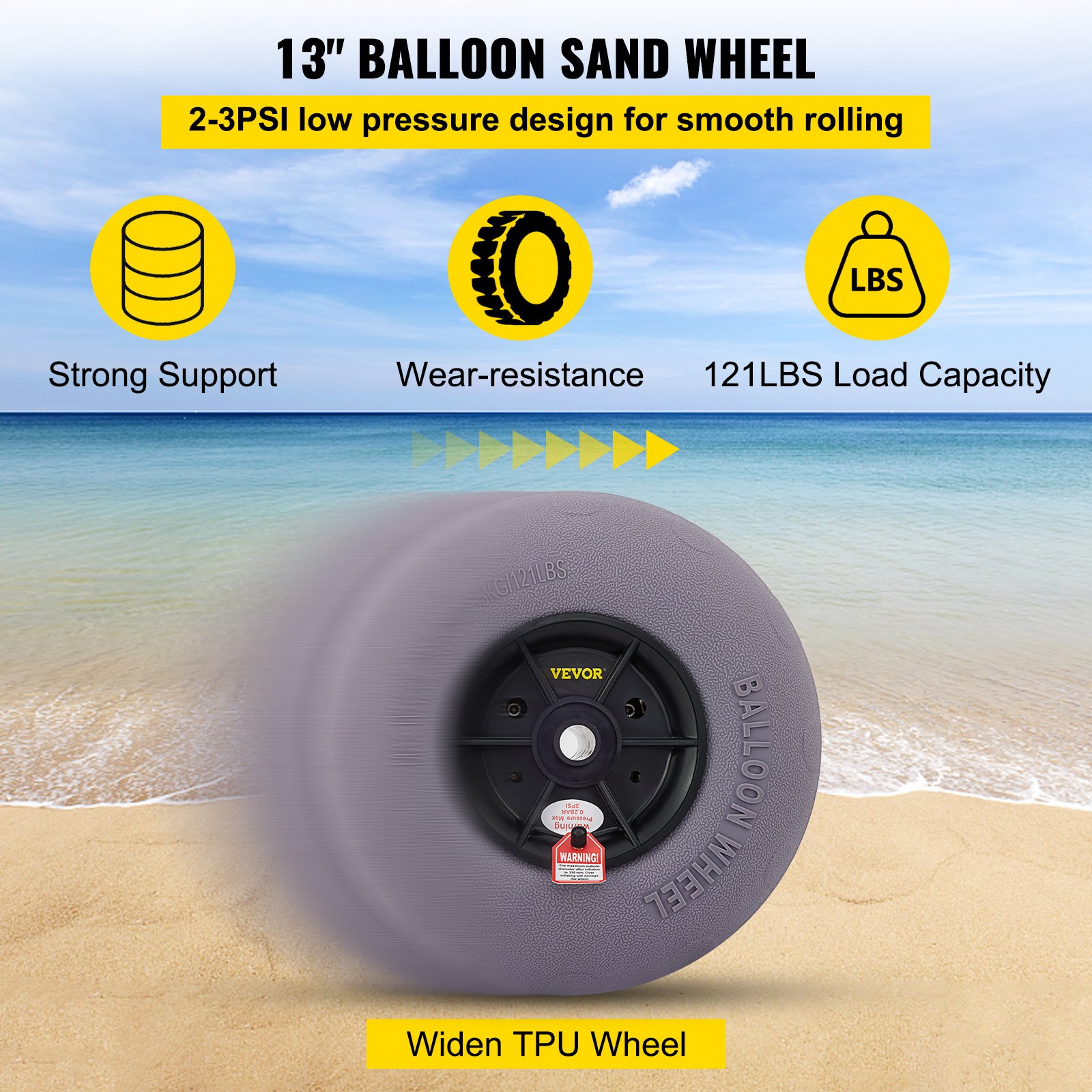 VEVOR Beach Balloon Wheels, 13\" Replacement Sand Tires, TPU Cart Tires for Kayak Dolly, Canoe Cart and Buggy with Free Air Pump, 2-Pack