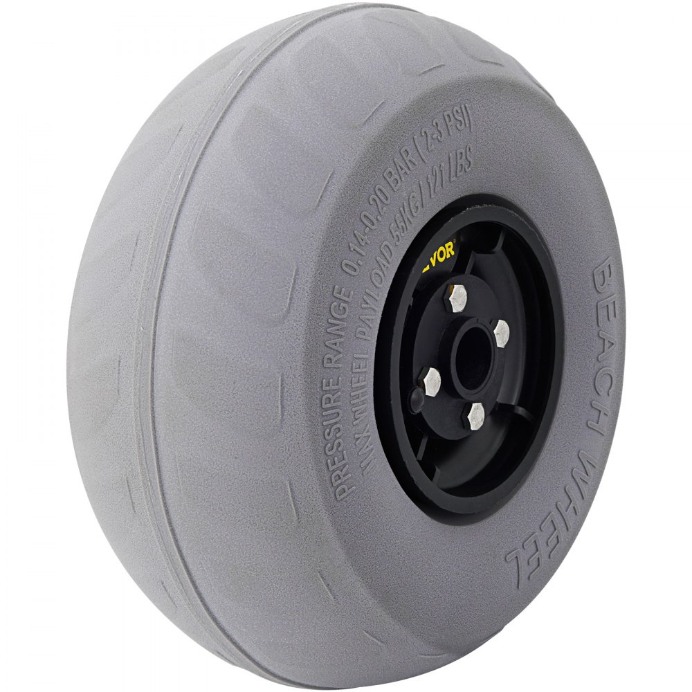gray VEVOR beach balloon wheels with black hub and pressure range details.