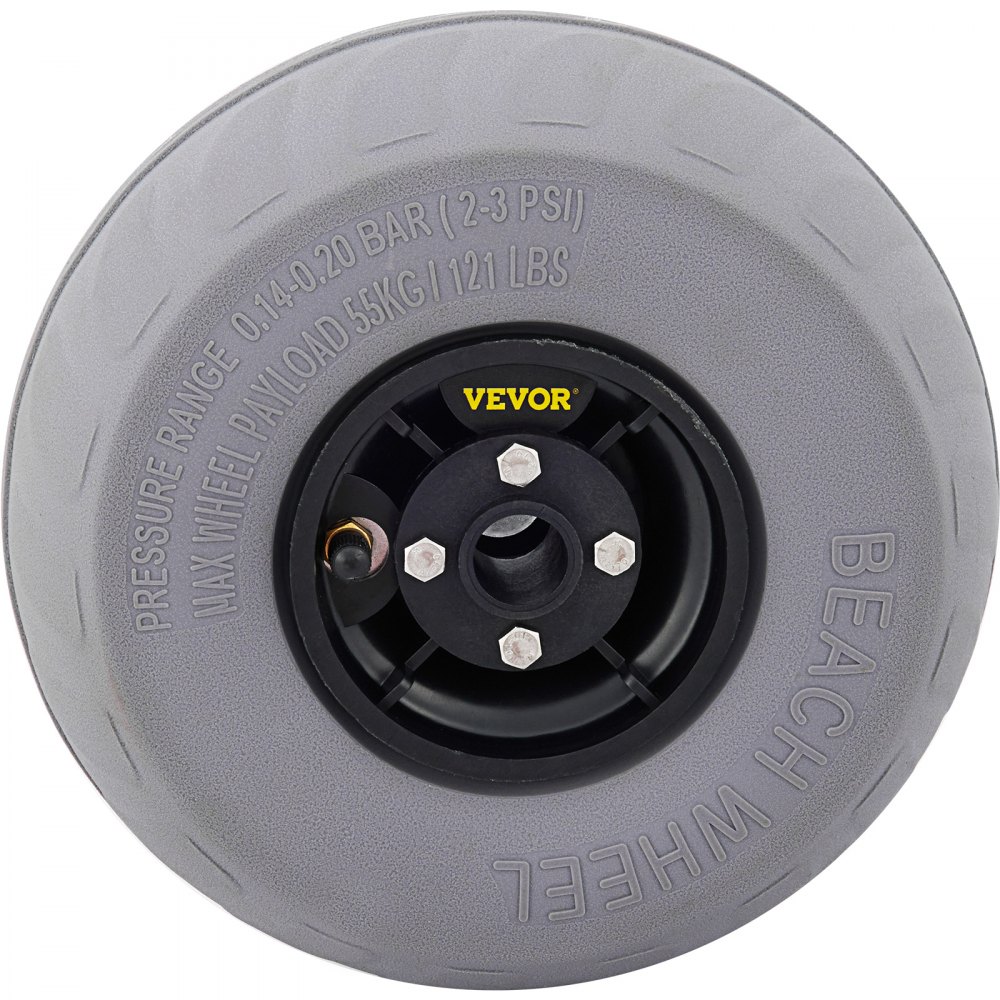 VEVOR beach balloon wheels, durable gray tire with pressure and load specifications.