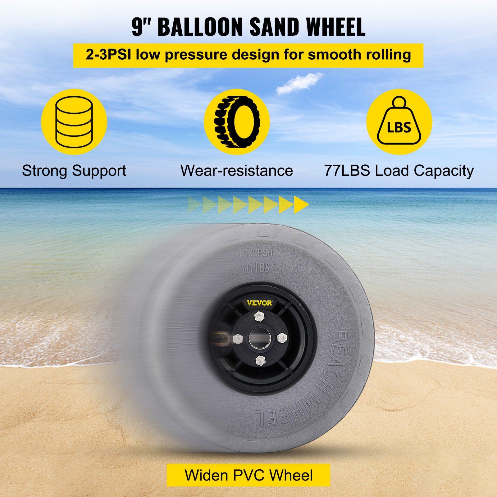 VEVOR beach balloon wheels: strong support, wear-resistant, 77lbs load capacity, smooth rolling on sand.