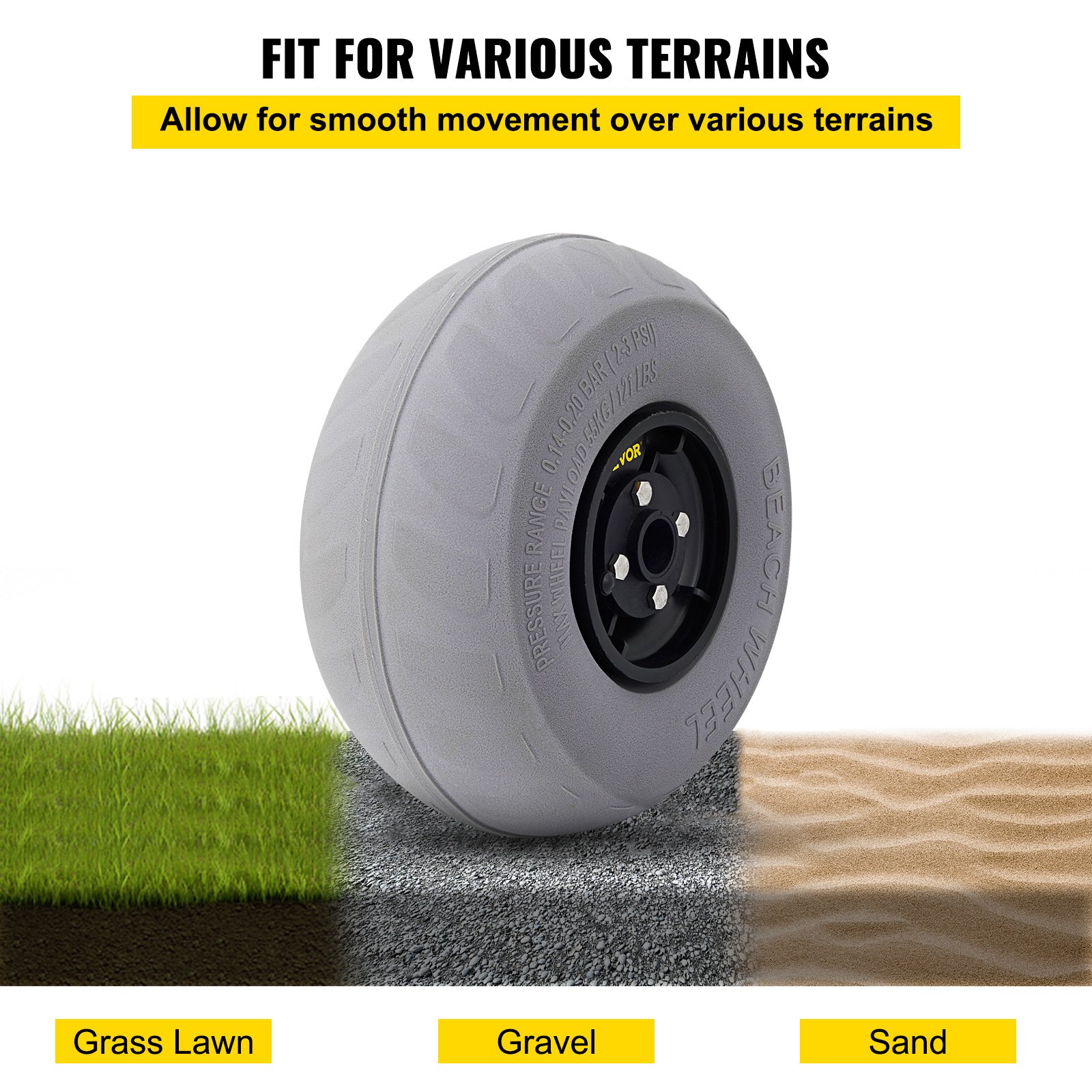 VEVOR beach balloon wheels fit for grass lawn, gravel, and sand, smooth movement over various terrains.