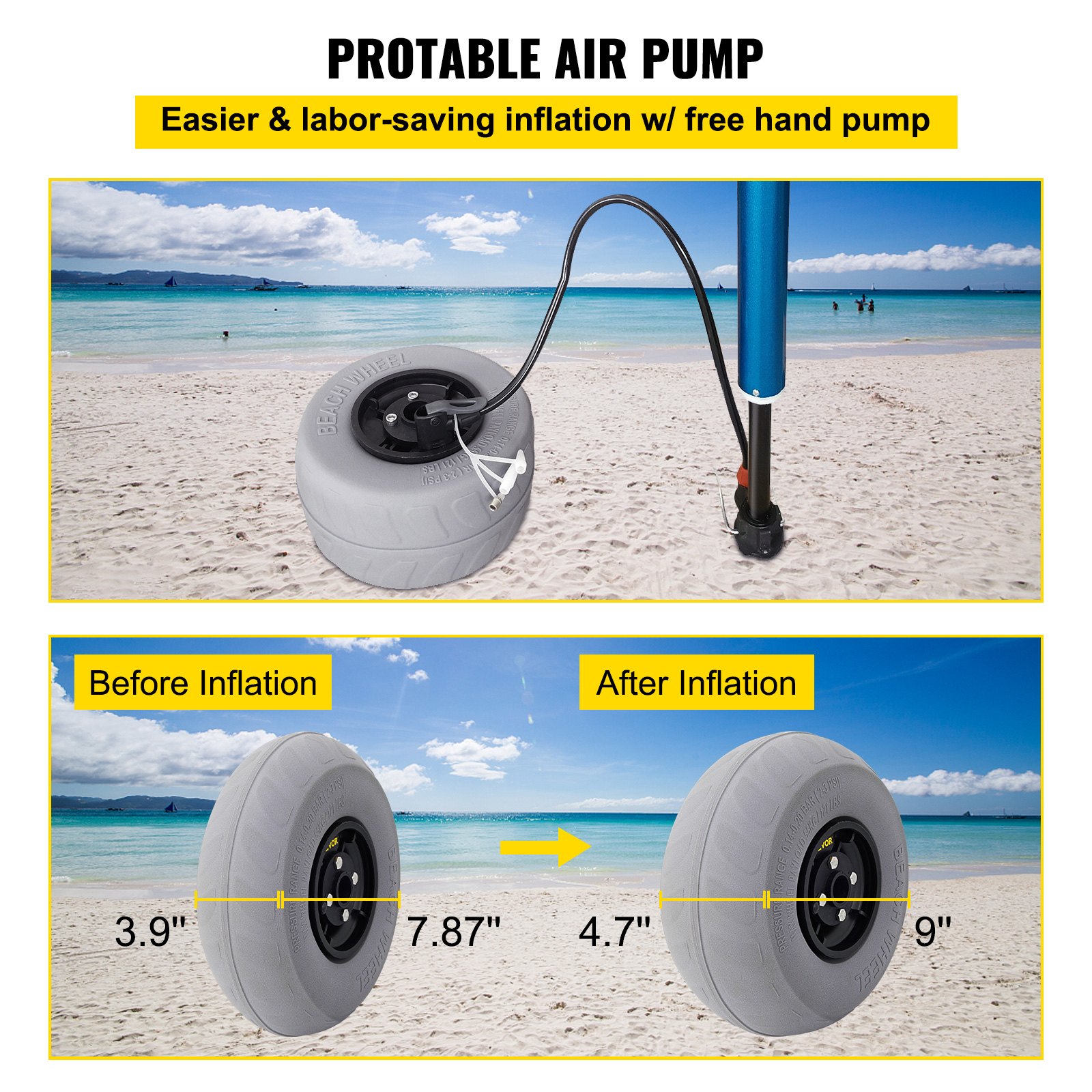 VEVOR beach balloon wheels with hand pump for easy inflation on sandy beach background.