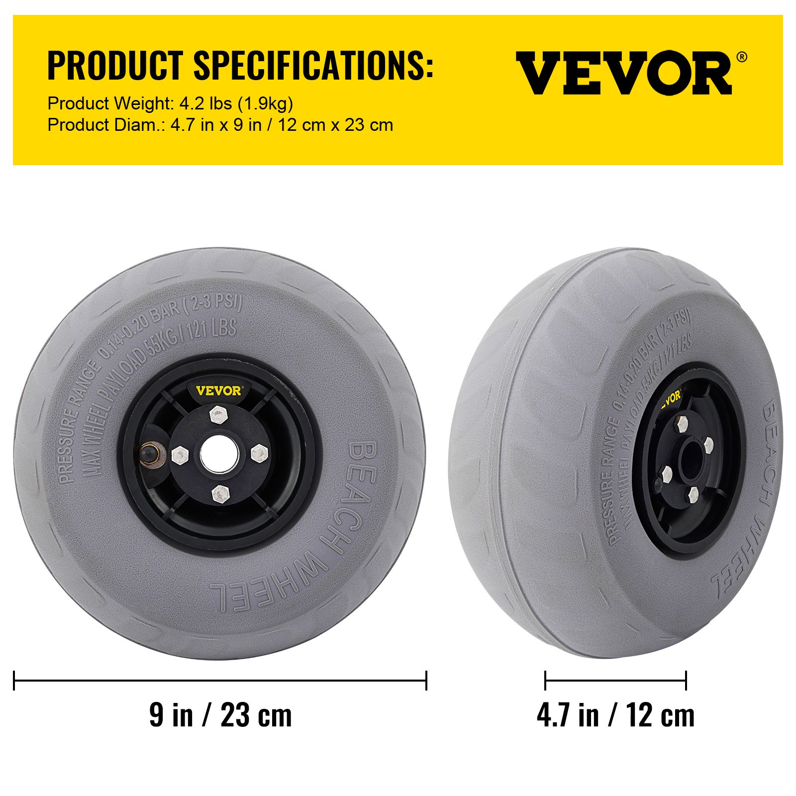 VEVOR beach balloon wheels, 12 cm x 23 cm, lightweight 1.9 kg, optimal pressure 2-3 psi.