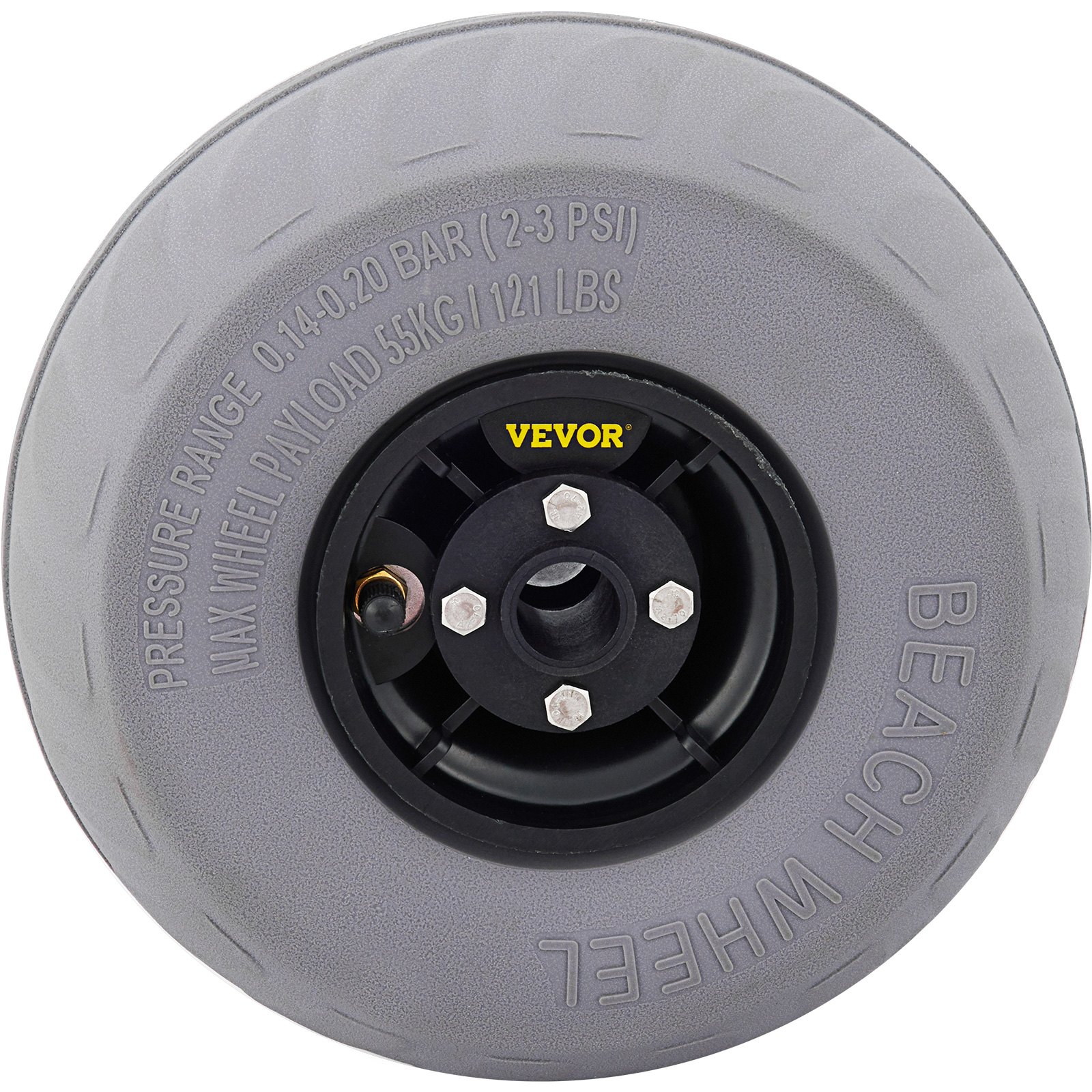 VEVOR beach balloon wheels, durable gray tire with pressure and load specifications.