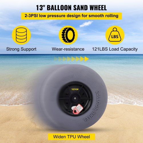 VEVOR Beach Balloon Wheels, 13" Replacement Sand Tires with 32" Stainless Steel Axle, TPU Cart Tires for Kayak Dolly, Canoe Cart and Buggy w/Free Air Pump, 2-Pack