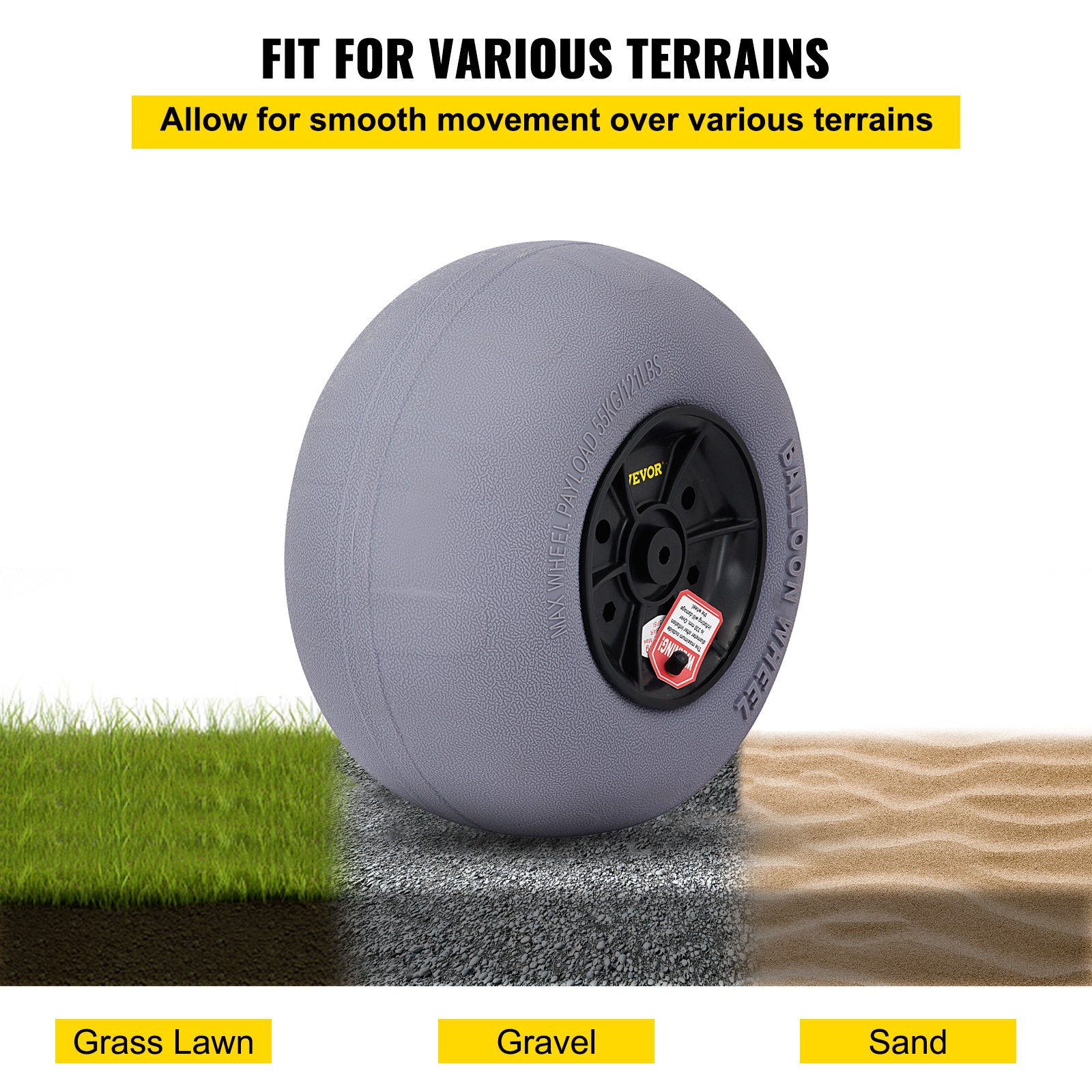 VEVOR beach balloon wheels for smooth movement on grass, gravel, and sand terrains.