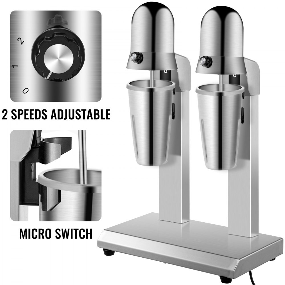 VEVOR Batidora, Batidora de Doble Cabezal, Batidora de Batido de 560 W, Malta con Tazas de 800 ml (Acero Inoxidable/PC), Batidora de Leche Eléctrica de 2 Velocidades, Batidora de Bebidas de 36000 RPM, Acero Inoxidable