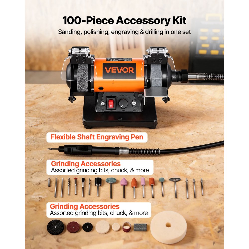 VEVOR Bench Buffer Polisher, 8300-10600 RPM Adjustable Speed, Polishing & Buffing Machine with Grinding, Fiber, and Wool Wheels, 100-Piece Accessory Kit, for Jewelry, Wood, Metal, Raw Stone, Jade DIY