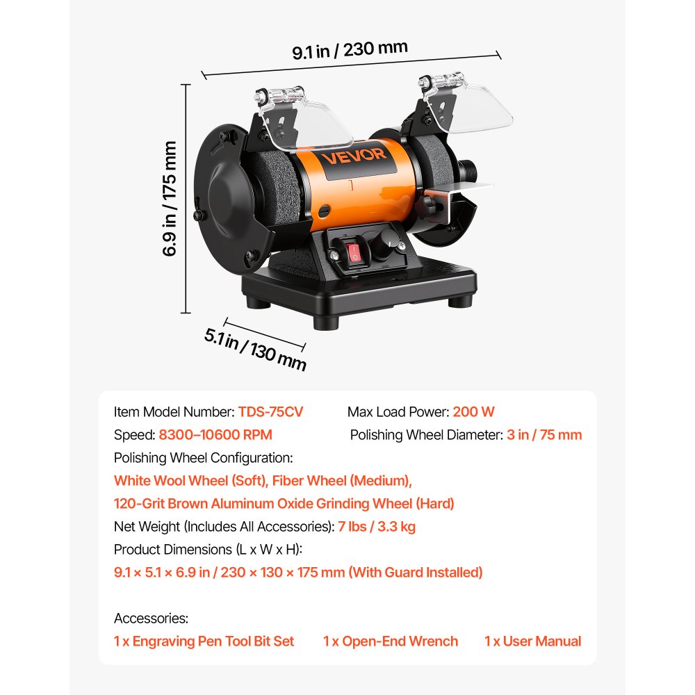 VEVOR Bench Buffer Polisher, 8300-10600 RPM Adjustable Speed, Polishing & Buffing Machine with Grinding, Fiber, and Wool Wheels, 100-Piece Accessory Kit, for Jewelry, Wood, Metal, Raw Stone, Jade DIY