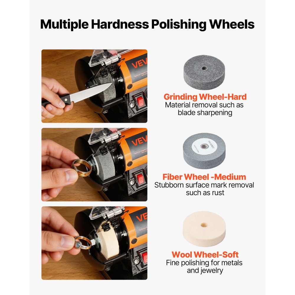 VEVOR Bench Buffer Polisher, 8300-10600 RPM Adjustable Speed, Polishing & Buffing Machine with Grinding, Fiber, and Wool Wheels, 100-Piece Accessory Kit, for Jewelry, Wood, Metal, Raw Stone, Jade DIY