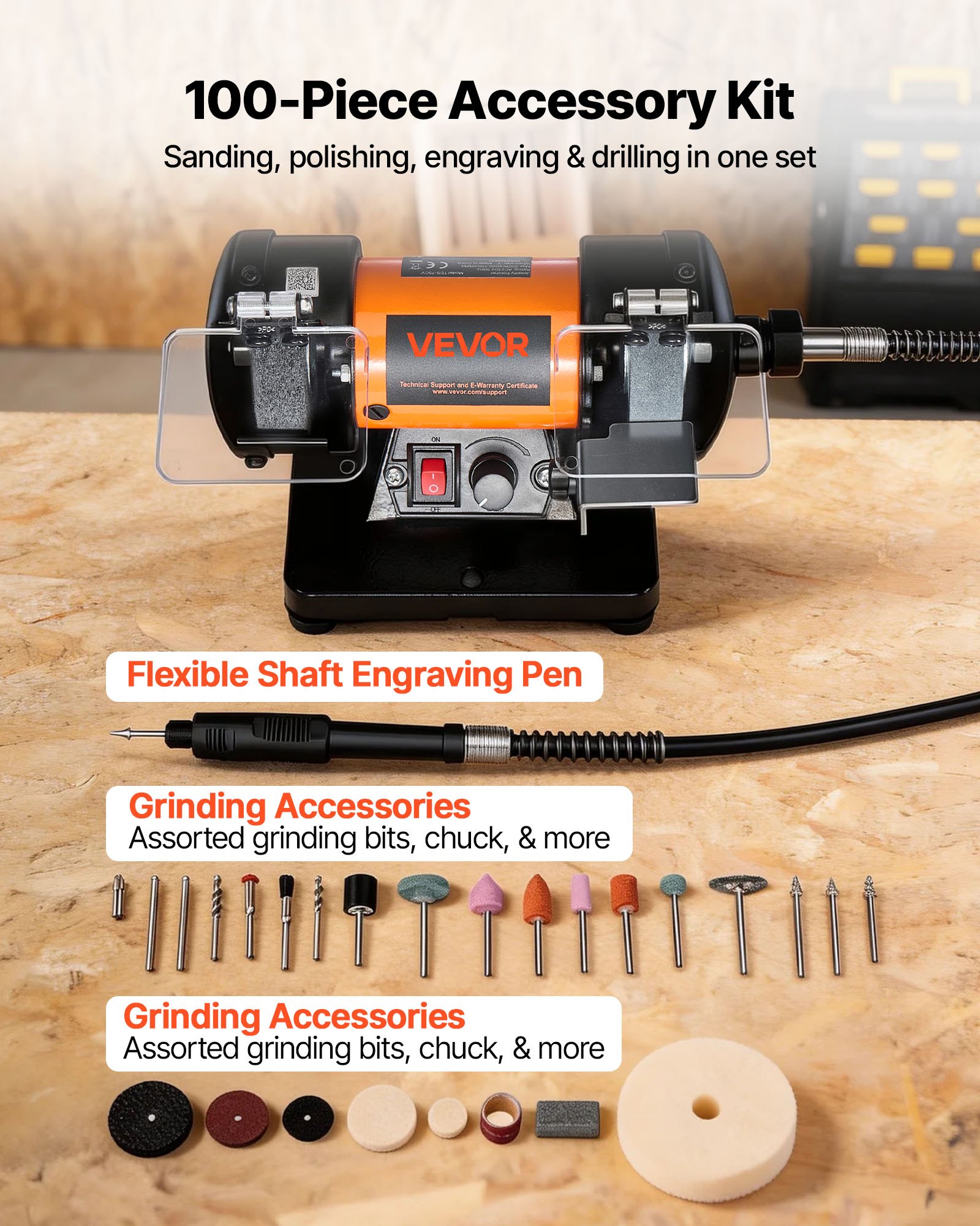 VEVOR Bench Buffer Polisher, 8300-10600 RPM Adjustable Speed, Polishing & Buffing Machine with Grinding, Fiber, and Wool Wheels, 100-Piece Accessory Kit, for Jewelry, Wood, Metal, Raw Stone, Jade DIY